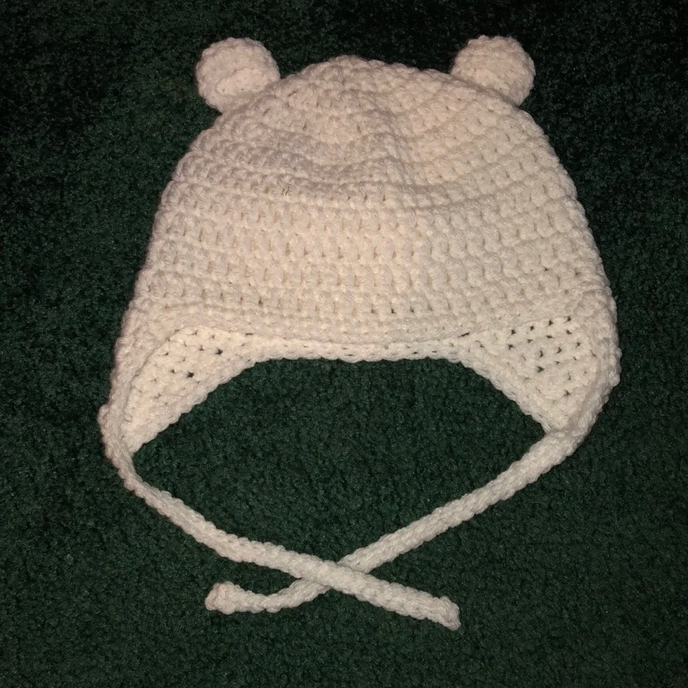 Hand made white crochet baby hat with ears